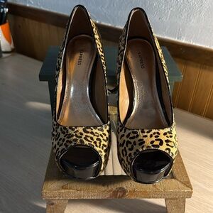 Express Calf Hair Leopard Print Platform Heels